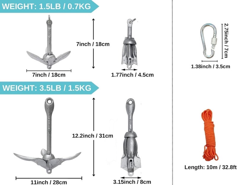 BeGrit مرساة قارب BeGrit بوزن 1.5 رطل - مرساة بحرية قابلة للطي للقوارب الصغيرة للصيد، الكاياك، لوح التجديف، الكانو، جت سكي، مع حبل سحب بطول 32.8 قدم وحقيبة حمل. - Image 2
